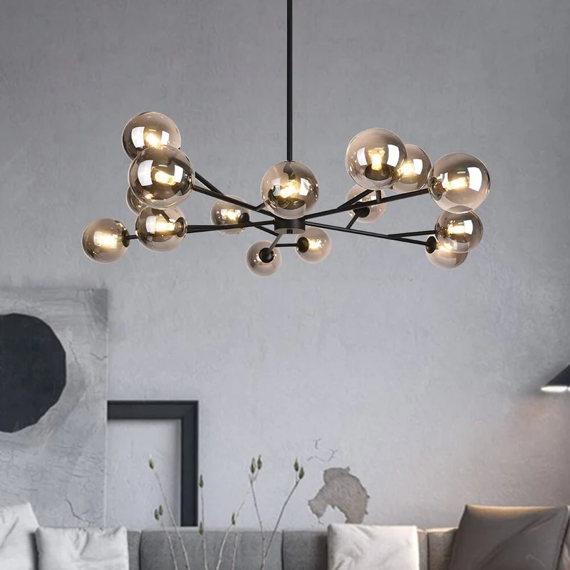 Moderne lineaire sputnik kroonluchter met 15 glazen bollen in zwart of messing – design hanglamp 112 cm | Sansoti