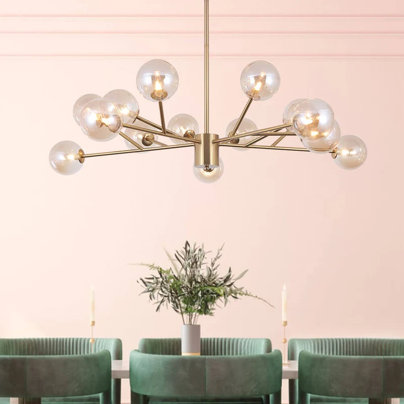 Moderne lineaire sputnik kroonluchter met 15 glazen bollen in zwart of messing – design hanglamp 112 cm | Sansoti