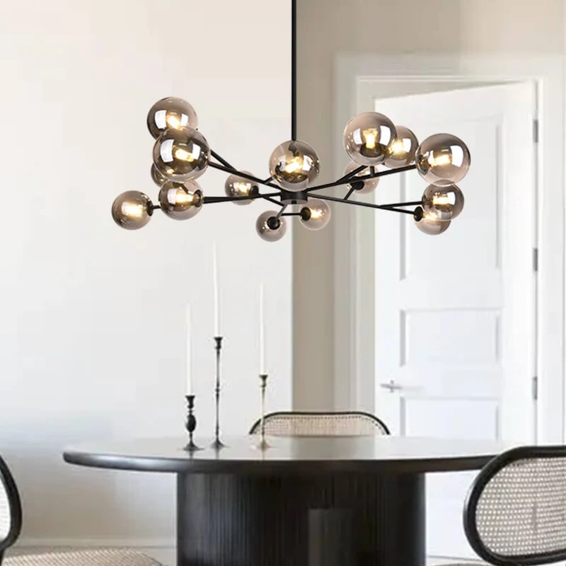 Moderne lineaire sputnik kroonluchter met 15 glazen bollen in zwart of messing – design hanglamp 112 cm | Sansoti