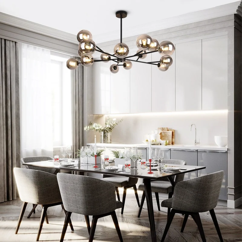 Moderne lineaire sputnik kroonluchter met 15 glazen bollen in zwart of messing – design hanglamp 112 cm | Sansoti