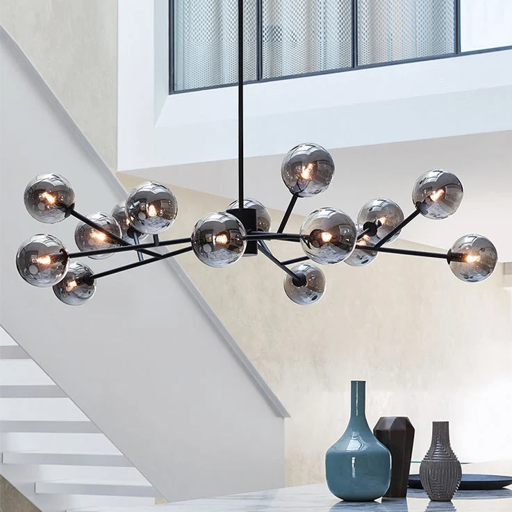 Moderne lineaire sputnik kroonluchter met 15 glazen bollen in zwart of messing – design hanglamp 112 cm | Sansoti