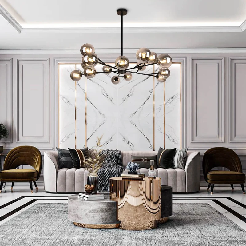 Moderne lineaire sputnik kroonluchter met 15 glazen bollen in zwart of messing – design hanglamp 112 cm | Sansoti