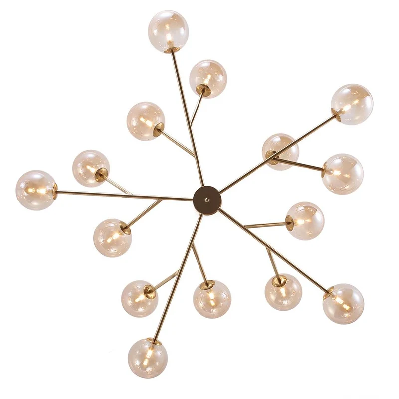 Moderne lineaire sputnik kroonluchter met 15 glazen bollen in zwart of messing – design hanglamp 112 cm | Sansoti