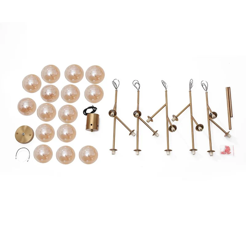 Moderne lineaire sputnik kroonluchter met 15 glazen bollen in zwart of messing – design hanglamp 112 cm | Sansoti