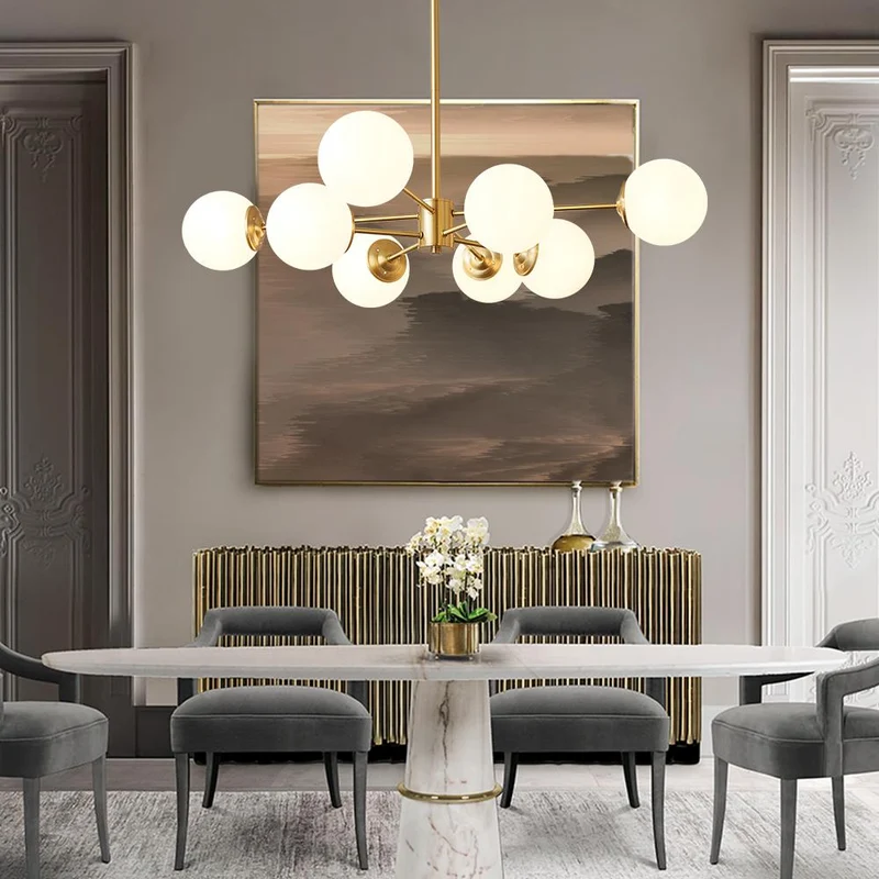 Moderne sputnik kroonluchter met opaal glazen bollen in goud of zwart – dimbare design hanglamp 6 8 of 12 lichtpunten | Sansoti