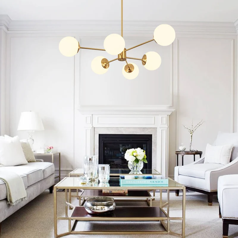 Moderne sputnik kroonluchter met opaal glazen bollen in goud of zwart – dimbare design hanglamp 6 8 of 12 lichtpunten | Sansoti