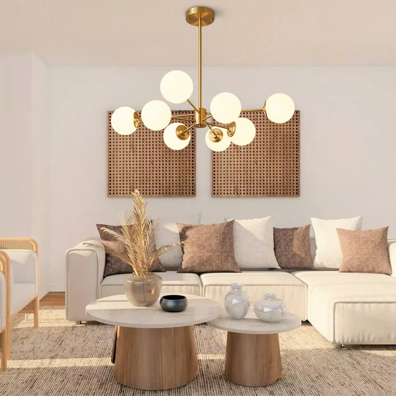Moderne sputnik kroonluchter met opaal glazen bollen in goud of zwart – dimbare design hanglamp 6 8 of 12 lichtpunten | Sansoti