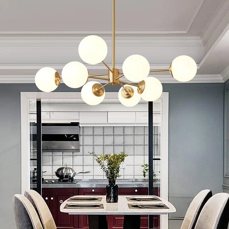 Moderne sputnik kroonluchter met opaal glazen bollen in goud of zwart – dimbare design hanglamp 6 8 of 12 lichtpunten | Sansoti