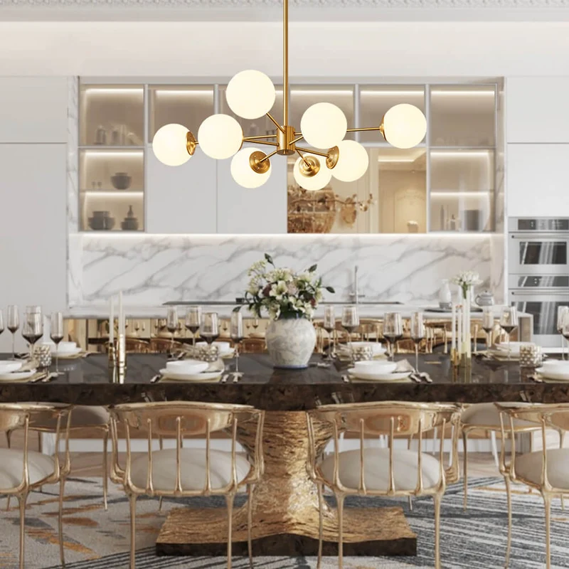 Moderne sputnik kroonluchter met opaal glazen bollen in goud of zwart – dimbare design hanglamp 6 8 of 12 lichtpunten | Sansoti