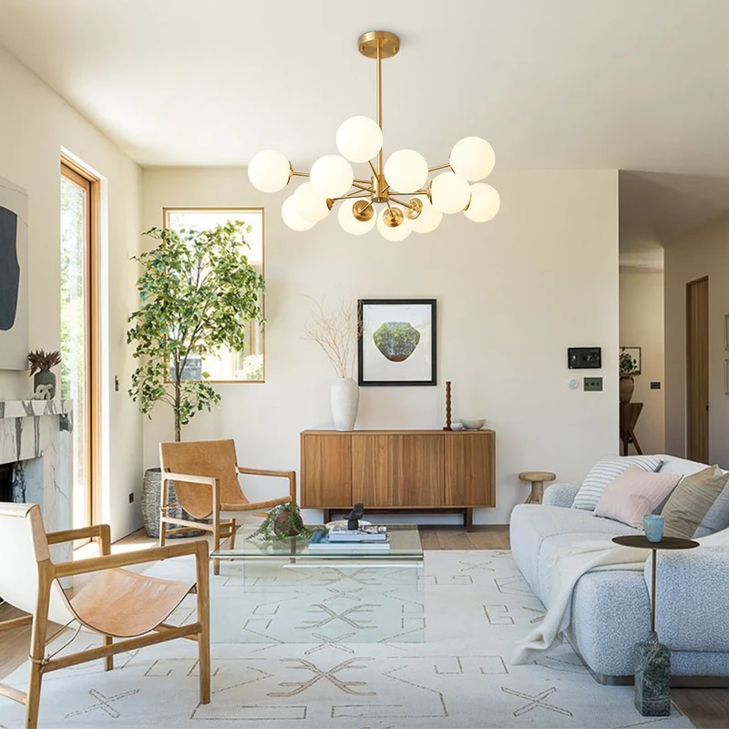Moderne sputnik kroonluchter met opaal glazen bollen in goud of zwart – dimbare design hanglamp 6 8 of 12 lichtpunten | Sansoti