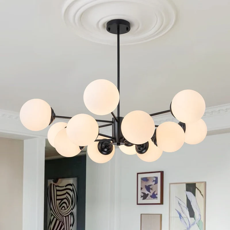 Moderne sputnik kroonluchter met opaal glazen bollen in goud of zwart – dimbare design hanglamp 6 8 of 12 lichtpunten | Sansoti