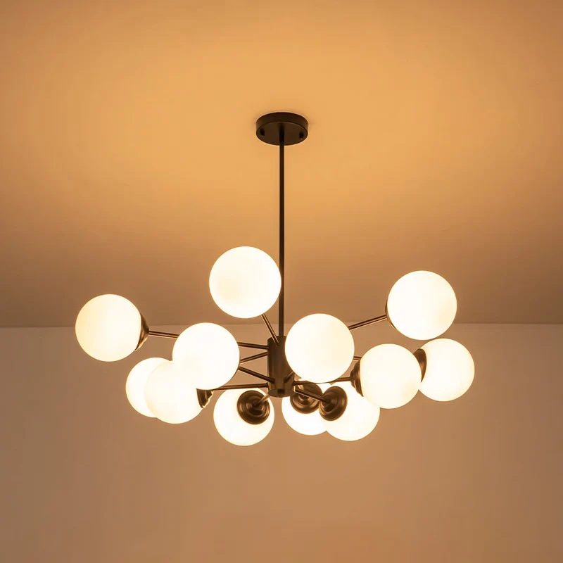Moderne sputnik kroonluchter met opaal glazen bollen in goud of zwart – dimbare design hanglamp 6 8 of 12 lichtpunten | Sansoti