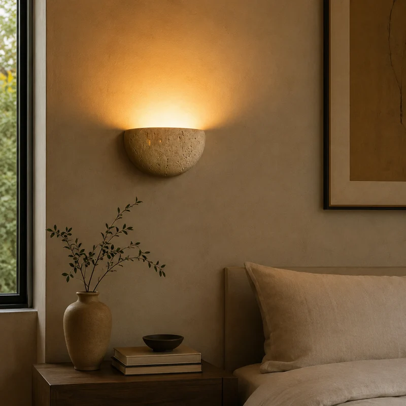 Travertin Wandlamp Natuursteen Beige Warm Wit Licht Slaapkamer Gang Woonkamer Modern Sfeervol Interieur | Sansoti