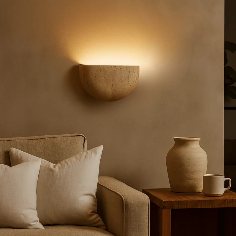 Travertin Wandlamp Natuursteen Beige Warm Wit Licht Slaapkamer Gang Woonkamer Modern Sfeervol Interieur | Sansoti