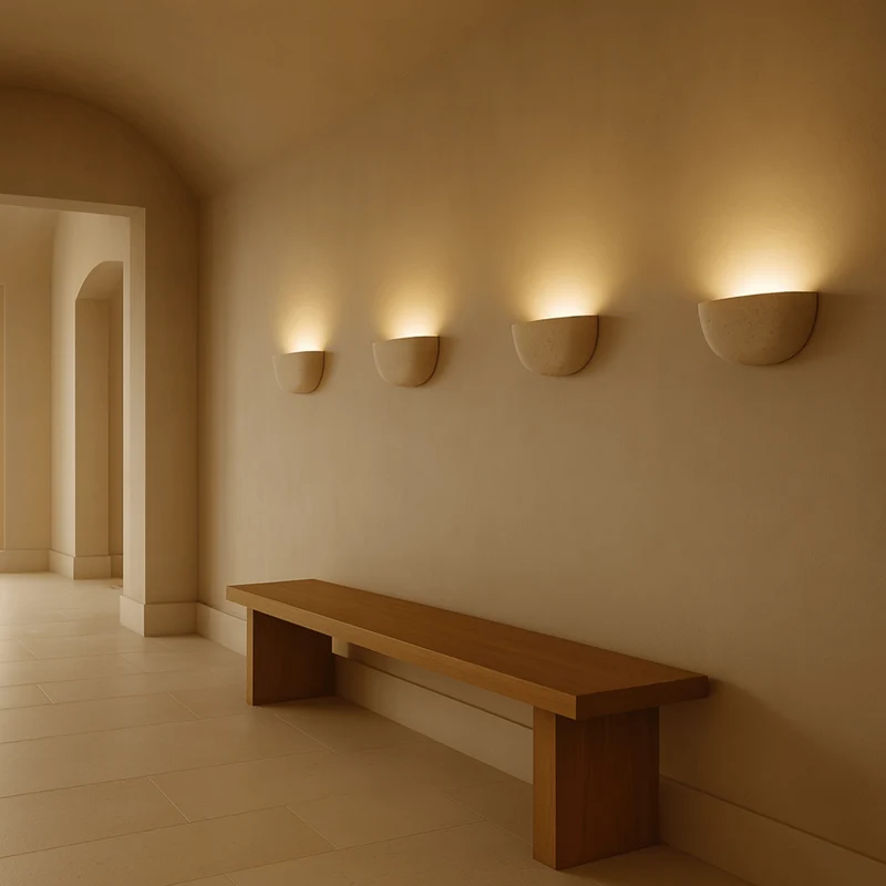 Travertin Wandlamp Natuursteen Beige Warm Wit Licht Slaapkamer Gang Woonkamer Modern Sfeervol Interieur | Sansoti