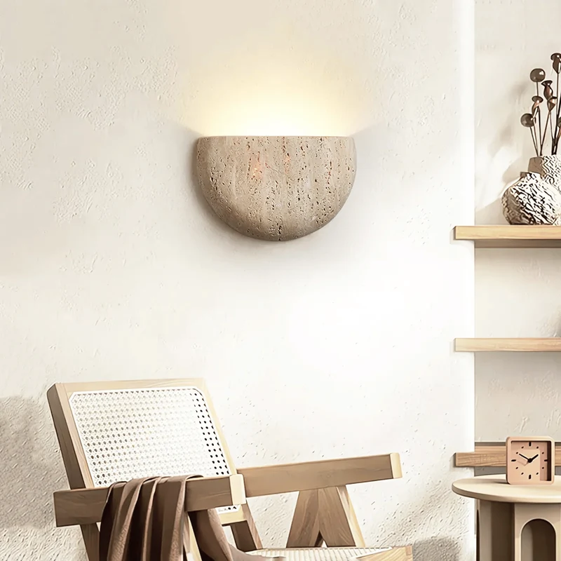 Travertin Wandlamp Natuursteen Beige Warm Wit Licht Slaapkamer Gang Woonkamer Modern Sfeervol Interieur | Sansoti
