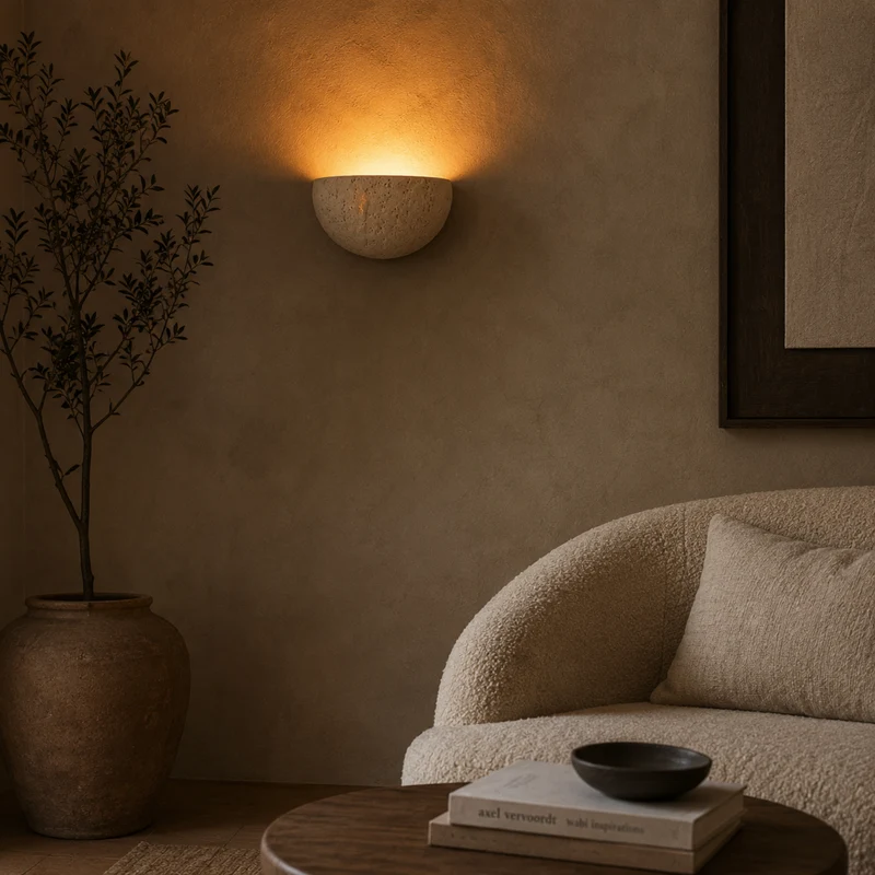 Travertin Wandlamp Natuursteen Beige Warm Wit Licht Slaapkamer Gang Woonkamer Modern Sfeervol Interieur | Sansoti
