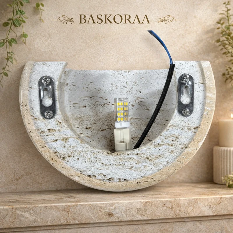 Travertin Wandlamp Natuursteen Beige Warm Wit Licht Slaapkamer Gang Woonkamer Modern Sfeervol Interieur | Sansoti