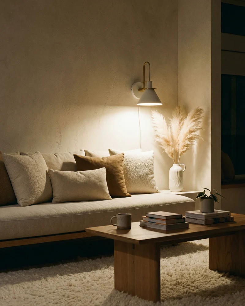 Moderne wandlamp van travertin en hout met warm wit licht – minimalistische design muurlamp voor woonkamer en slaapkamer | Sansoti