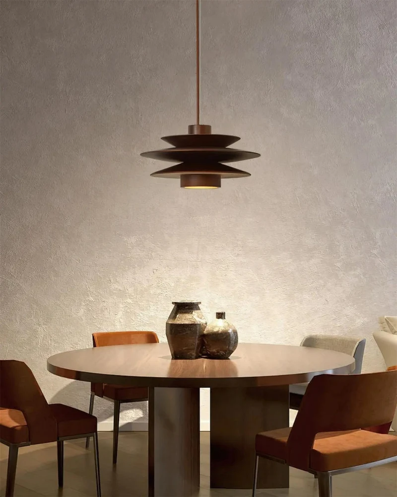 Moderne walnoot houten hanglamp met gelaagd design – stijlvolle plafondlamp voor eetkamer en woonkamer met warme lichtverspreiding | Sansoti