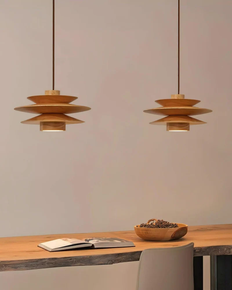 Moderne walnoot houten hanglamp met gelaagd design – stijlvolle plafondlamp voor eetkamer en woonkamer met warme lichtverspreiding | Sansoti