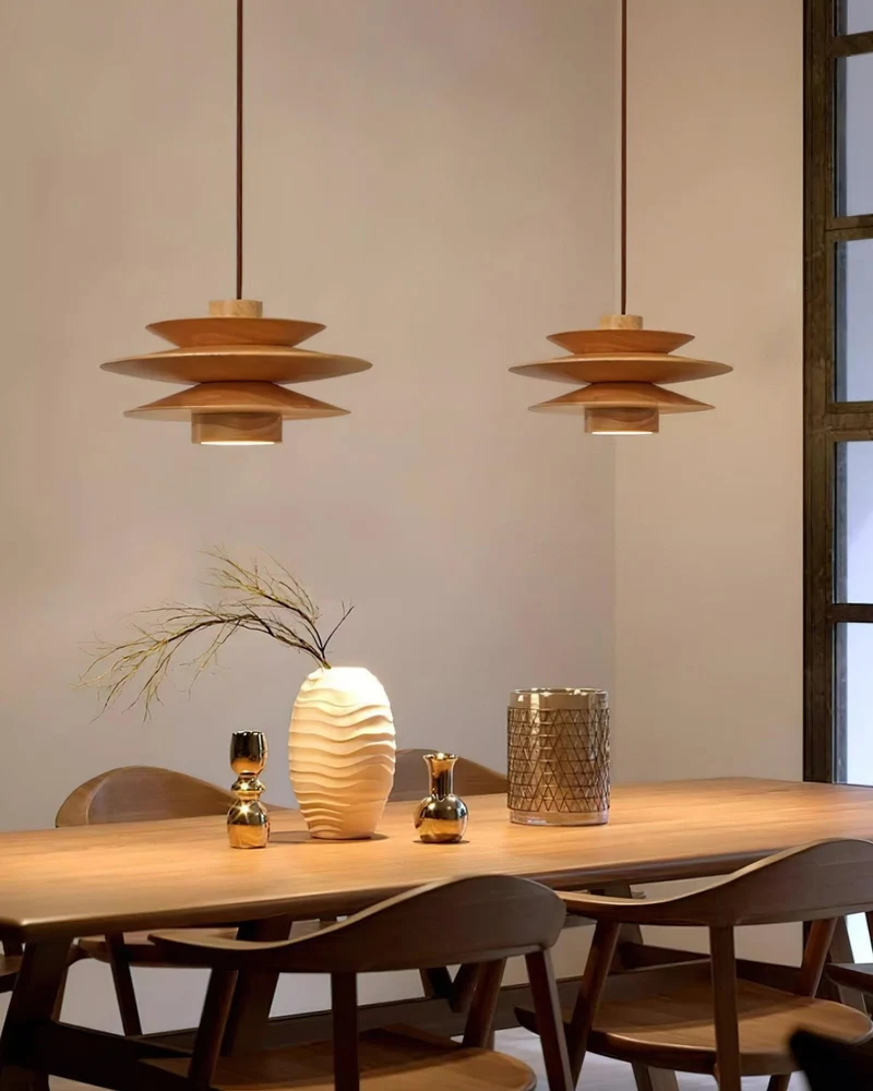Moderne walnoot houten hanglamp met gelaagd design – stijlvolle plafondlamp voor eetkamer en woonkamer met warme lichtverspreiding | Sansoti