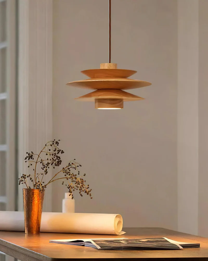 Moderne walnoot houten hanglamp met gelaagd design – stijlvolle plafondlamp voor eetkamer en woonkamer met warme lichtverspreiding | Sansoti