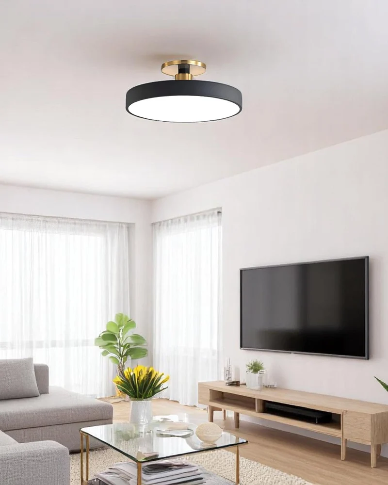 Moderne ronde plafondlamp met goud detail en acryl diffuser – minimalistische semi flush design verlichting voor woonkamer en slaapkamer | Sansoti