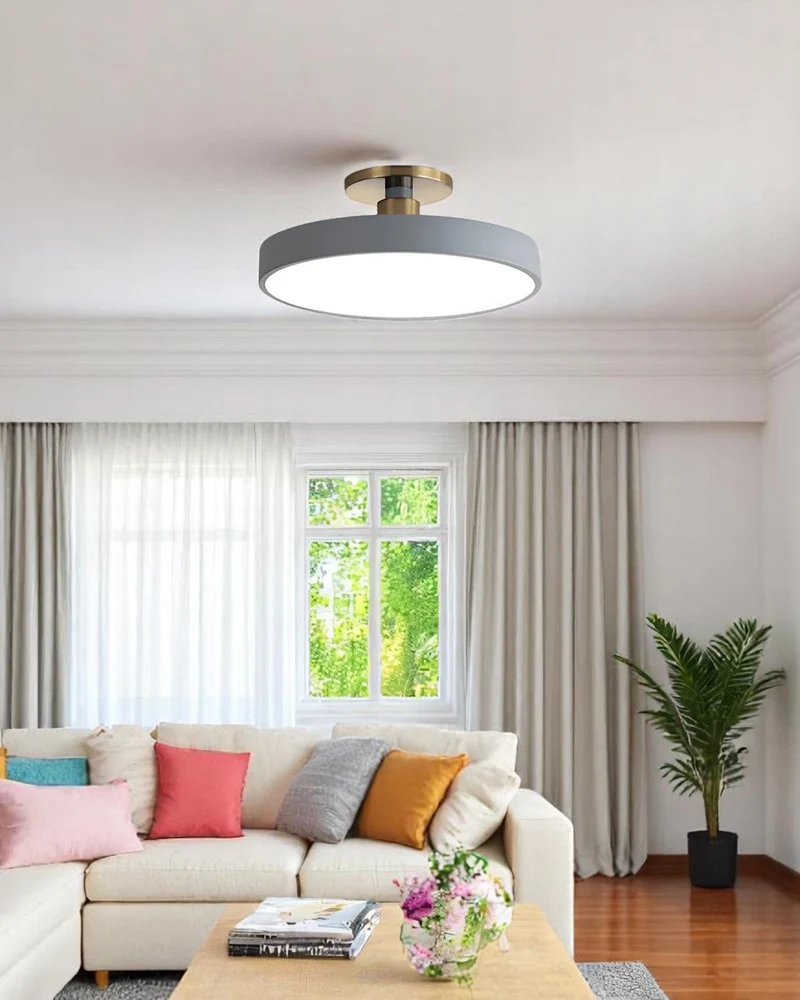 Moderne ronde plafondlamp met goud detail en acryl diffuser – minimalistische semi flush design verlichting voor woonkamer en slaapkamer | Sansoti
