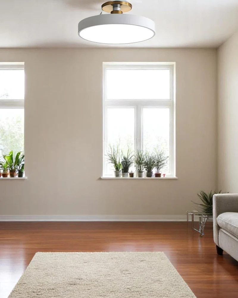 Moderne ronde plafondlamp met goud detail en acryl diffuser – minimalistische semi flush design verlichting voor woonkamer en slaapkamer | Sansoti