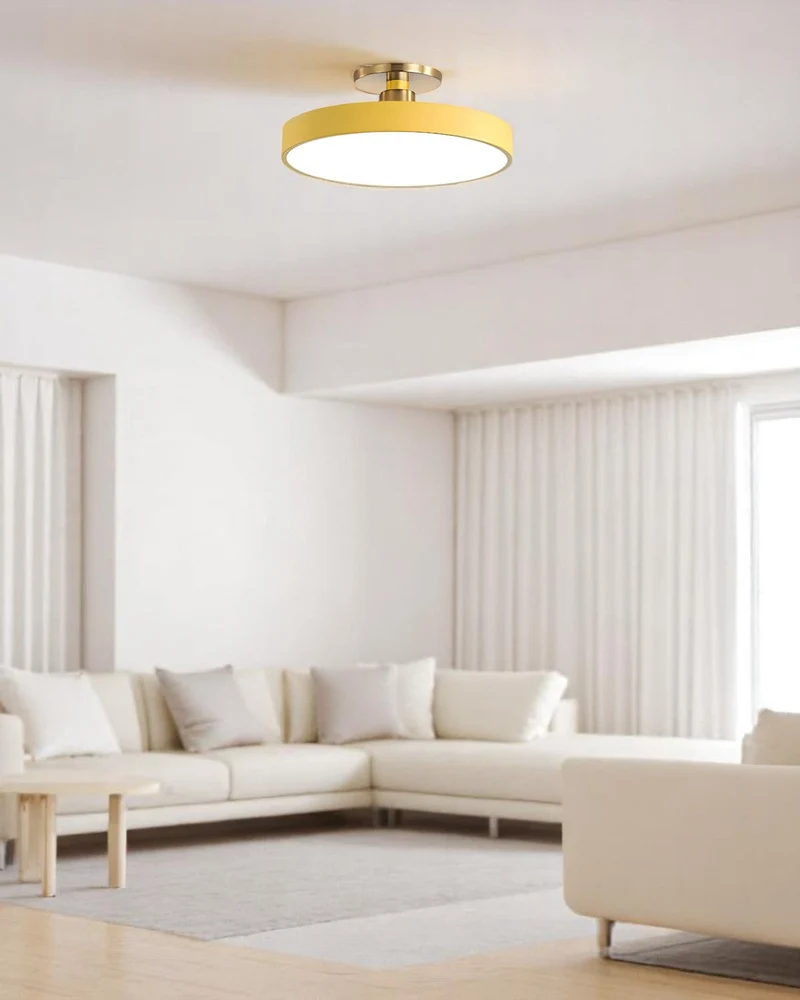 Moderne ronde plafondlamp met goud detail en acryl diffuser – minimalistische semi flush design verlichting voor woonkamer en slaapkamer | Sansoti