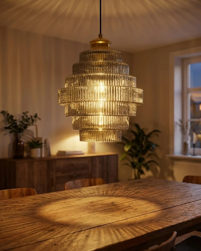 Moderne trapsgewijze glazen hanglamp met gouden detail voor eetkamer en woonkamer – luxe design verlichting | Sansoti