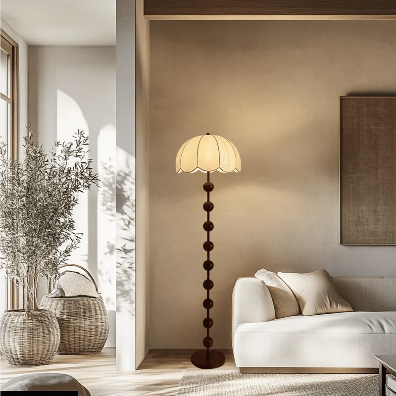 Staande Paddenstoel Lamp Beige 160cm Walnoot Voet Minimalistisch Scandinavisch Design Sfeerverlichting | Sansoti