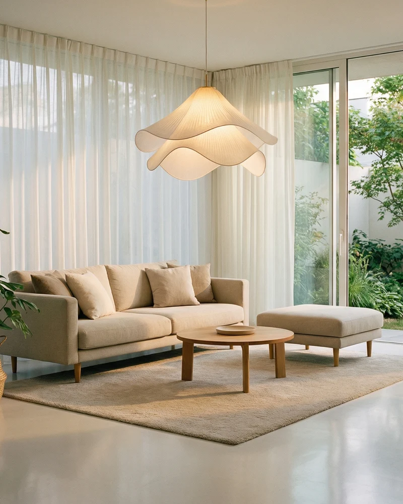 Elegante Bloemvormige Hanglamp Met Gelaagde Stoffen Kap En Gouden Accent | Sansoti