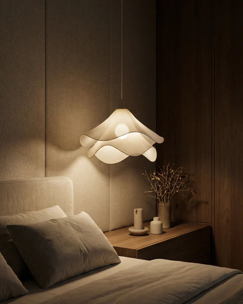 Elegante Bloemvormige Hanglamp Met Gelaagde Stoffen Kap En Gouden Accent | Sansoti