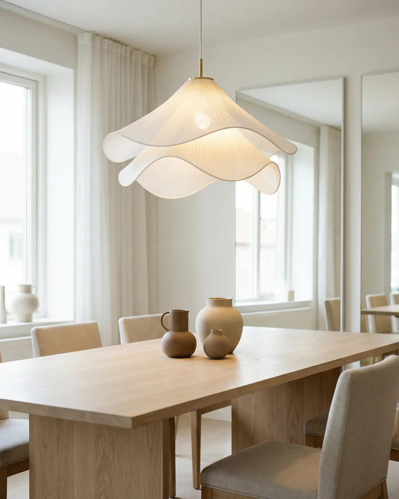Elegante Bloemvormige Hanglamp Met Gelaagde Stoffen Kap En Gouden Accent | Sansoti