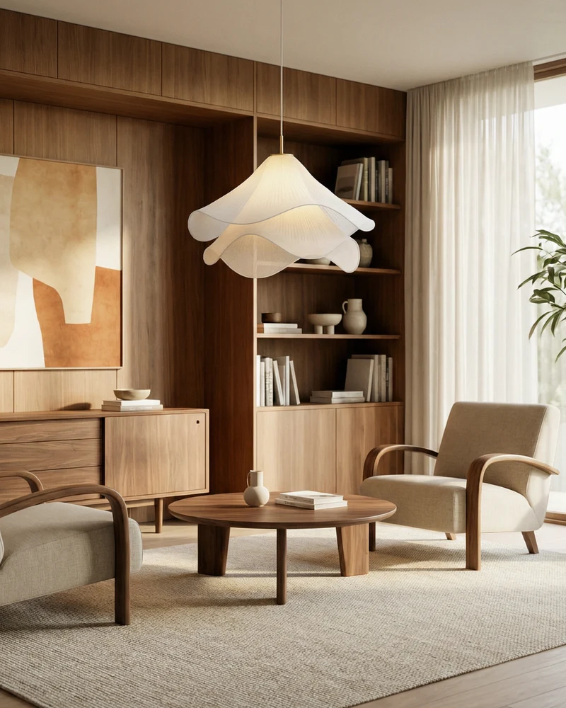 Elegante Bloemvormige Hanglamp Met Gelaagde Stoffen Kap En Gouden Accent | Sansoti