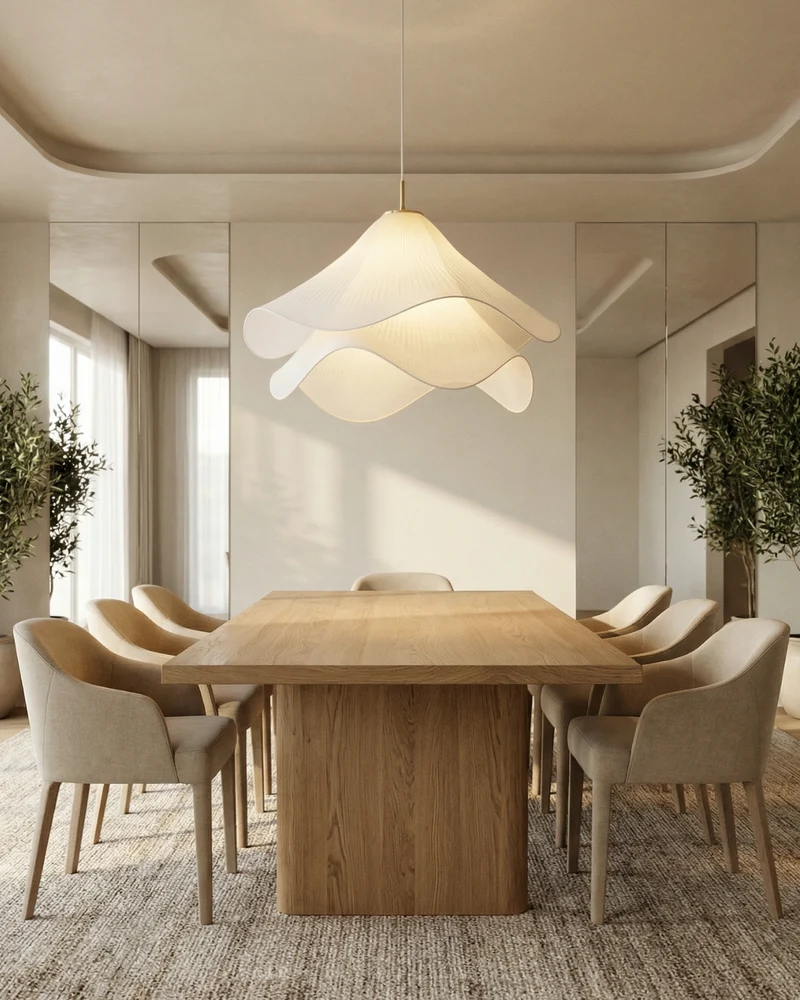 Elegante Bloemvormige Hanglamp Met Gelaagde Stoffen Kap En Gouden Accent | Sansoti