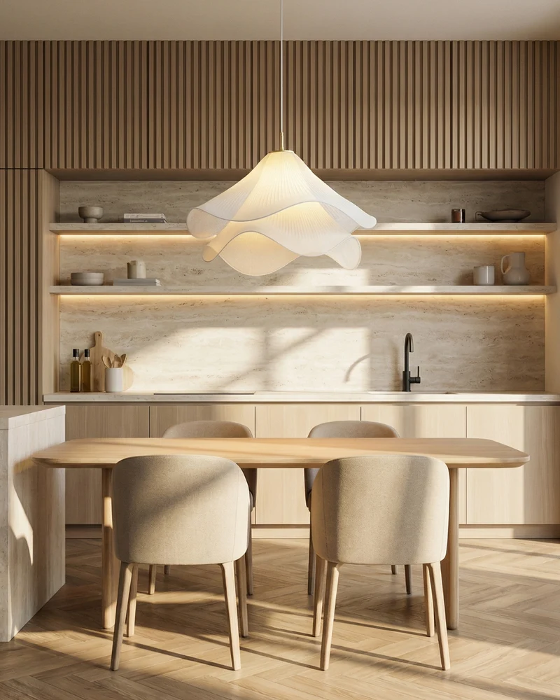 Elegante Bloemvormige Hanglamp Met Gelaagde Stoffen Kap En Gouden Accent | Sansoti