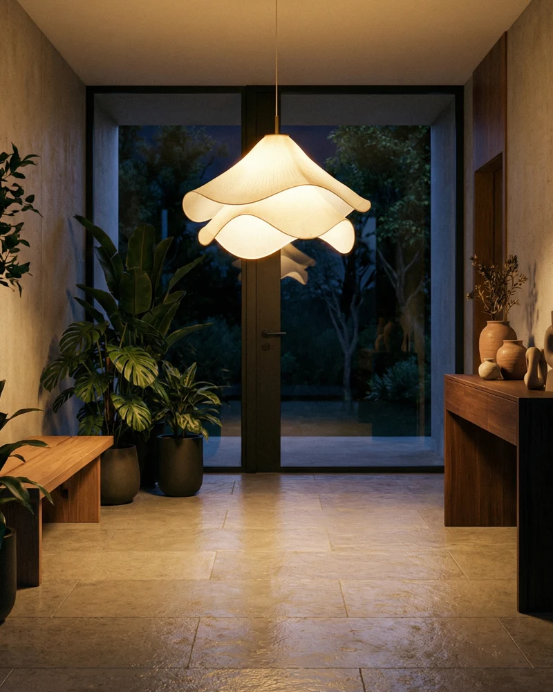 Elegante Bloemvormige Hanglamp Met Gelaagde Stoffen Kap En Gouden Accent | Sansoti