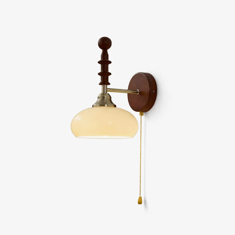 Vintage Wandlamp Met Trekkoord, Walnoot Houten Wandplaat En Opaalglazen Kap | Sansoti