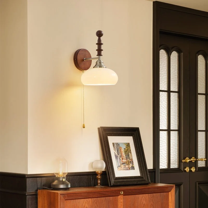 Vintage Wandlamp Met Trekkoord, Walnoot Houten Wandplaat En Opaalglazen Kap | Sansoti