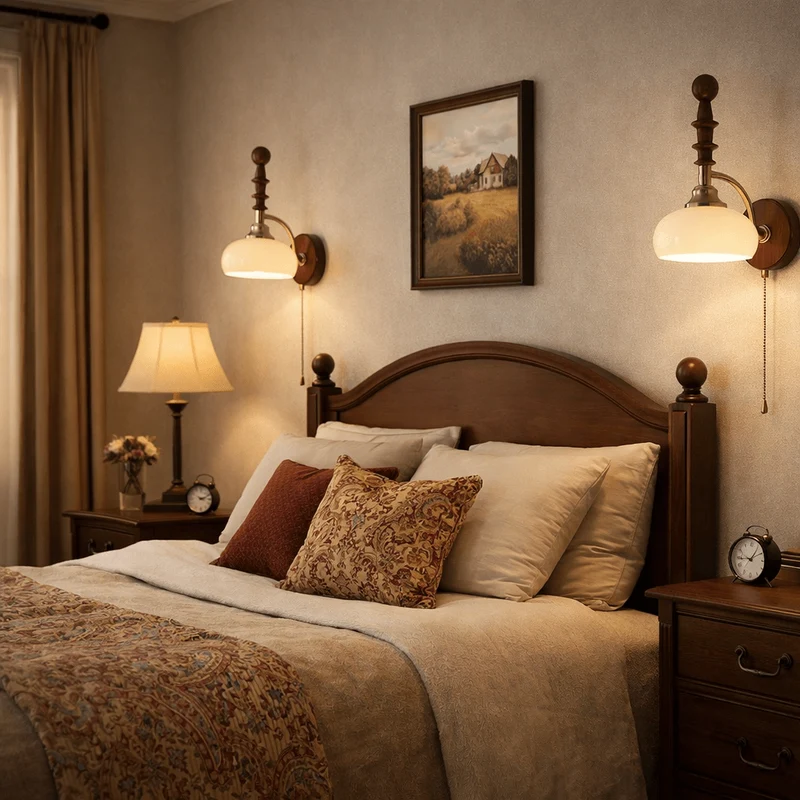 Vintage Wandlamp Met Trekkoord, Walnoot Houten Wandplaat En Opaalglazen Kap | Sansoti