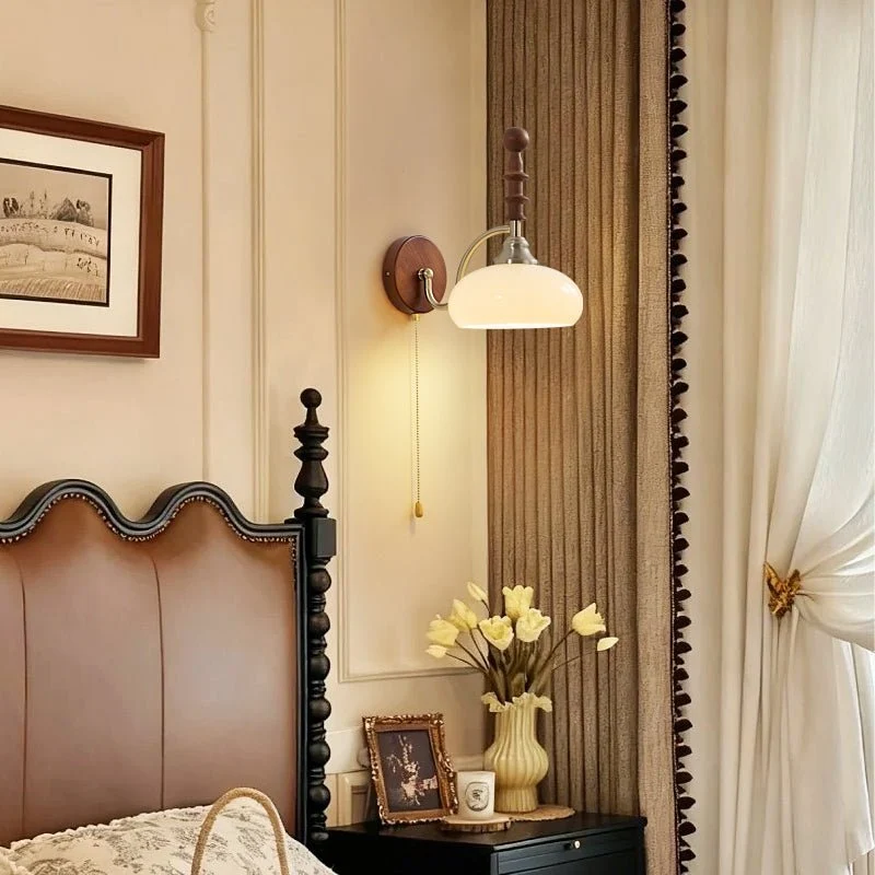 Vintage Wandlamp Met Trekkoord, Walnoot Houten Wandplaat En Opaalglazen Kap | Sansoti