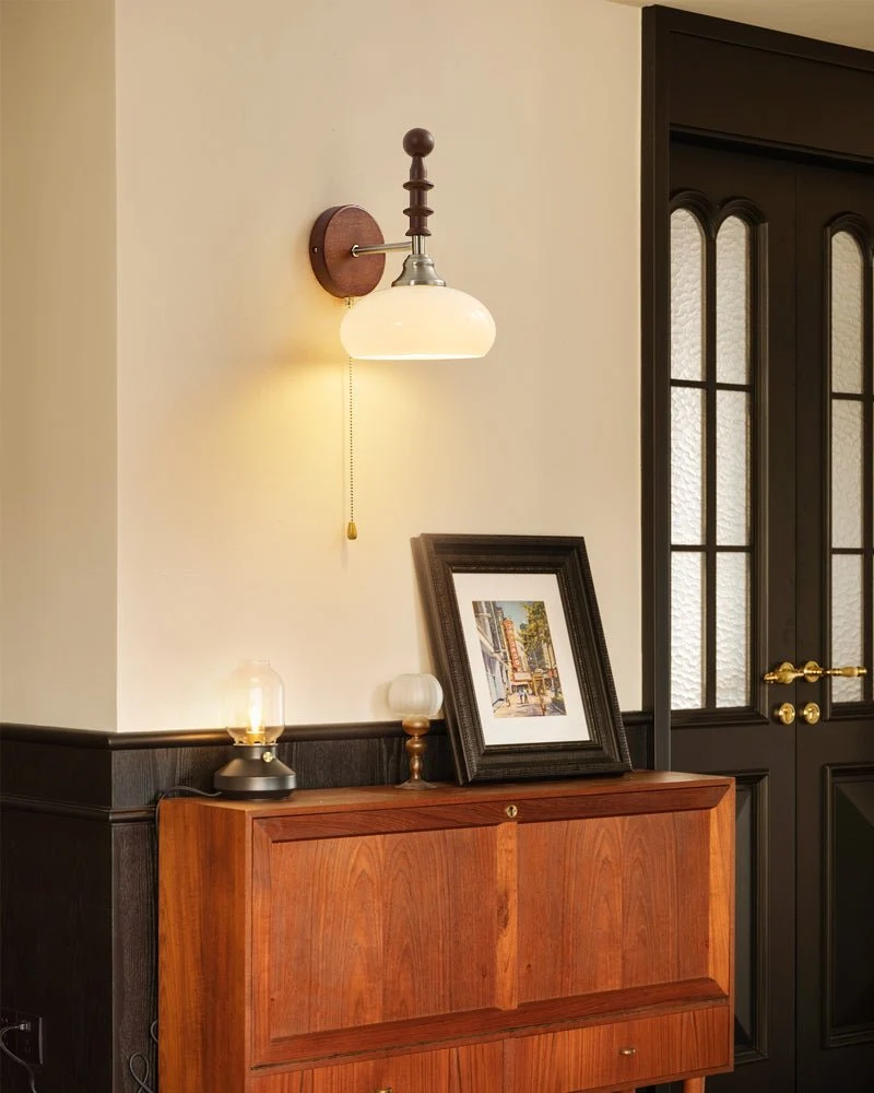 Vintage Wandlamp Met Trekkoord, Walnoot Houten Wandplaat En Opaalglazen Kap | Sansoti