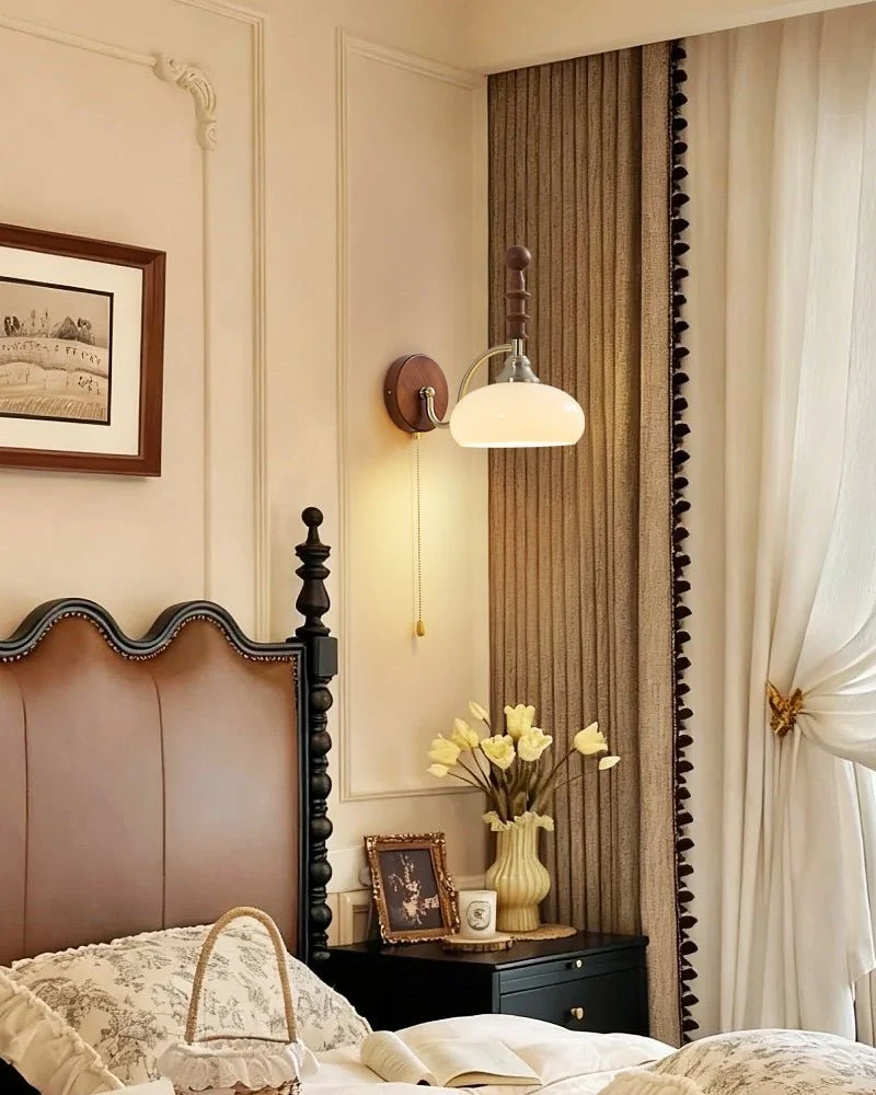 Vintage Wandlamp Met Trekkoord, Walnoot Houten Wandplaat En Opaalglazen Kap | Sansoti