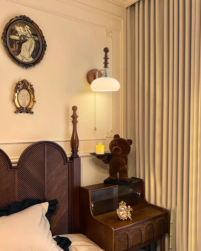 Vintage Wandlamp Met Trekkoord, Walnoot Houten Wandplaat En Opaalglazen Kap | Sansoti