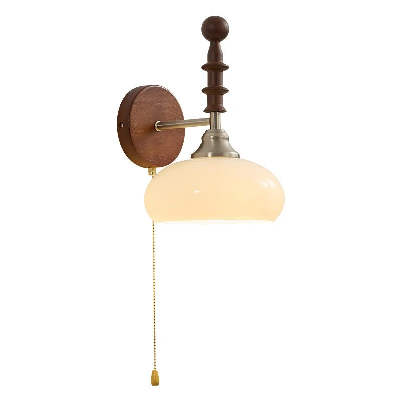 Vintage Wandlamp Met Trekkoord, Walnoot Houten Wandplaat En Opaalglazen Kap | Sansoti