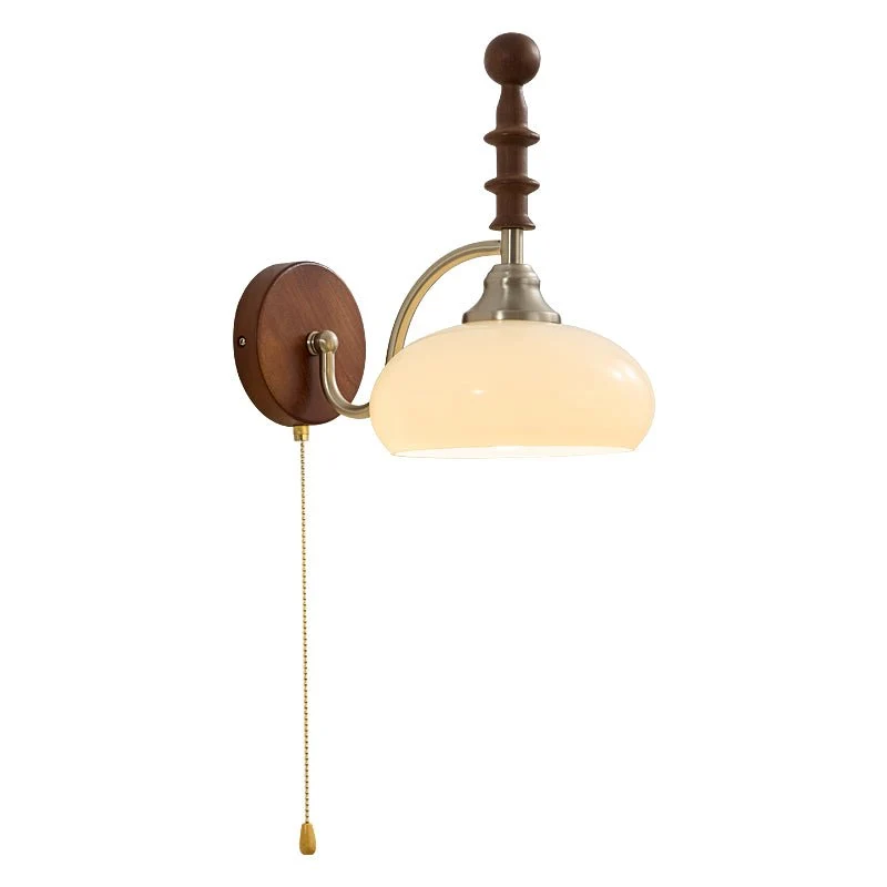 Vintage Wandlamp Met Trekkoord, Walnoot Houten Wandplaat En Opaalglazen Kap | Sansoti