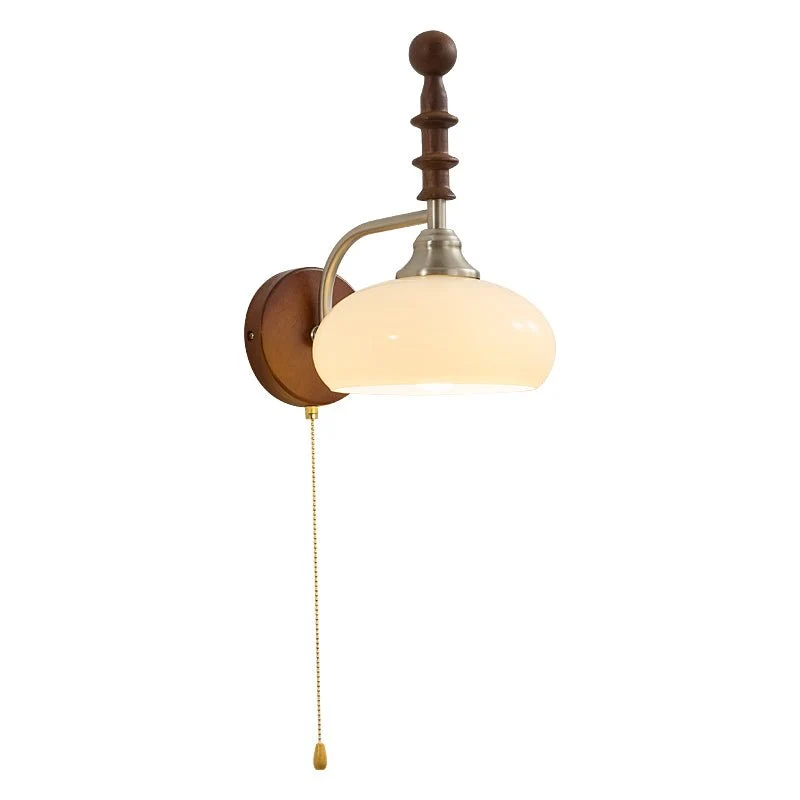 Vintage Wandlamp Met Trekkoord, Walnoot Houten Wandplaat En Opaalglazen Kap | Sansoti